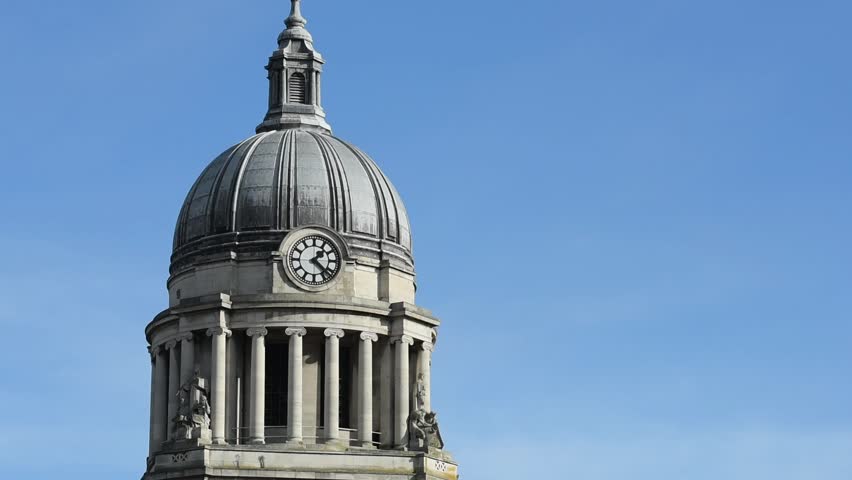 Close-up view of the historic Council House Clock, a landmark in Old Market Square at the heart of Nottingham city centre, England, highlighting its architectural details.