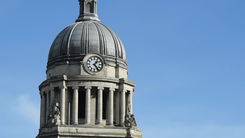 Close-up view of the historic Council House Clock, a landmark in Old Market Square at the heart of Nottingham city centre, England, highlighting its architectural details.