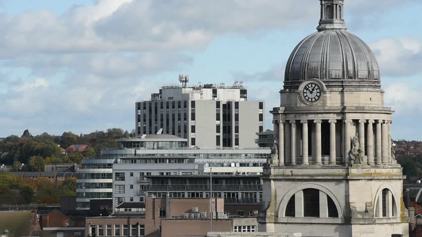 View of the historic Council House Clock, a landmark in Old Market Square at the heart of Nottingham city centre, England, highlighting its architectural details.