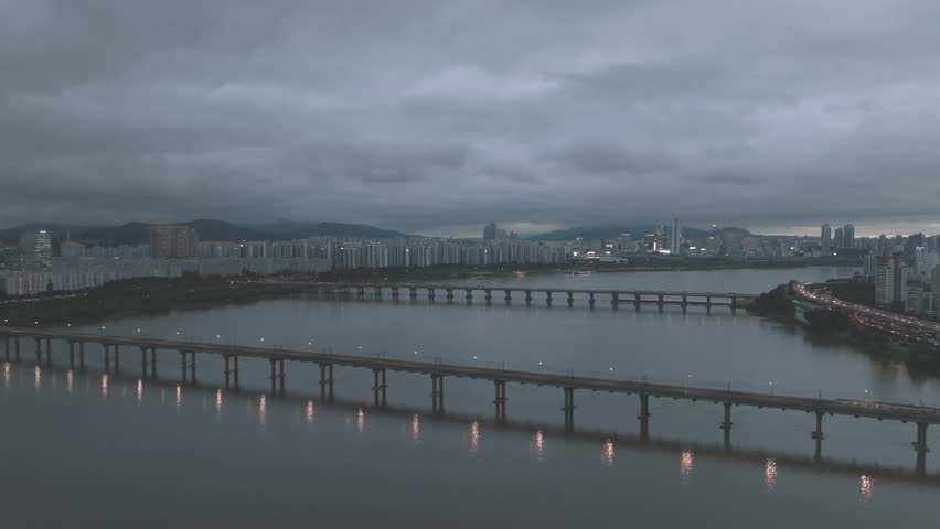 Drone View of Seoul city in South Korea, sunset of Han river, Summer