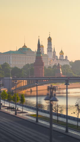 Moscow Kremlin and morning sun. View from the Patriarshy Bridge, Russia