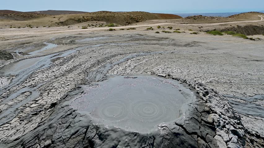 View of a bubbling mud volcano in Qobustan, Azerbaijan