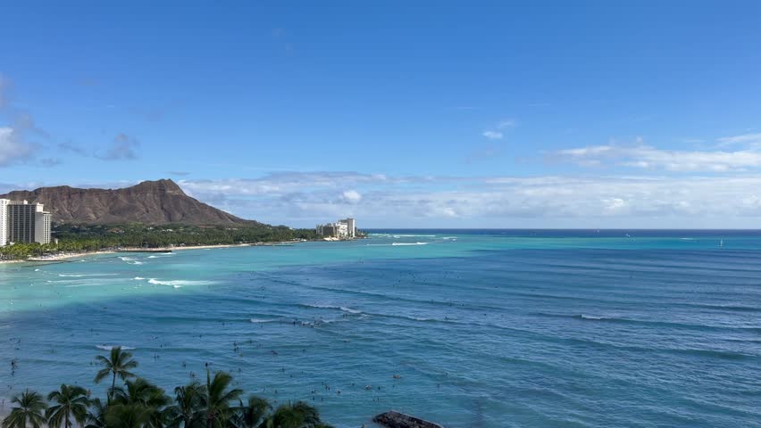 Scenic panoramic aerial Waikiki Beach and Diamond Head vista, Honolulu, Oahu, Hawaii
