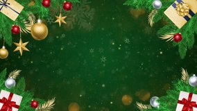 Elegant green Christmas background framed with evergreen branches, gifts and shiny ornaments. Subtle bokeh and snowflakes. - Powered by Shutterstock - Get 15% off with code: PIKWIZARD15