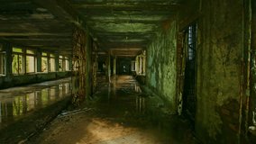 Eerie and atmospheric footage captures the decaying interior of an abandoned school in Pripyat, Ukraine, within the Chernobyl Exclusion Zone. The long, desolate corridor, lined with crumbling walls an - Powered by Shutterstock - Get 15% off with code: PIKWIZARD15