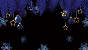 Elegant blue Christmas frame with pine branches, baubles, star outlines and glitter snowflakes. Black center provides clean copy space for titles or logos. - Powered by Shutterstock - Get 15% off with code: PIKWIZARD15