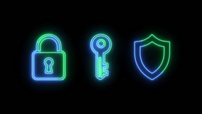 Three neon-glowing security icons: lock, key, and shield. Against a alpha channel background. - Powered by Shutterstock - Get 15% off with code: PIKWIZARD15