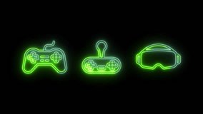 Green neon gaming icons: controller, joystick and VR glasses on a transparent alpha channel background. - Powered by Shutterstock - Get 15% off with code: PIKWIZARD15