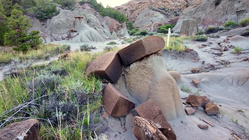 Beautiful formations of rocks and sandstone at dusk on the Kinney Coulee trail close up