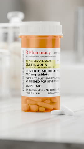 Slow Dolly Camera Movement Generic Medication Prescription Medicine Bottle and Pills Resting on a Bathroom Countertop.