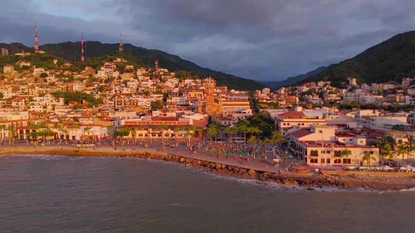 Drone video showing the Church of Our Lady of Guadalupe in Puerto Vallarta during sunset