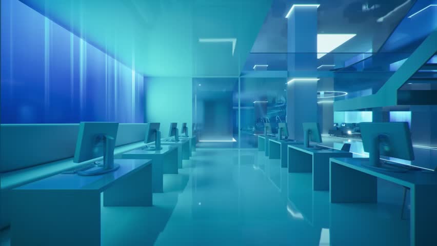 Futuristic computer lab with neon blue lighting rendered using 3Ds Max. Video background for relaxing music and desktop wallpaper 