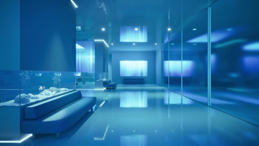 High tech corridor filled with neon reflections and glass walls rendered using 3Ds Max. Video background for relaxing music and desktop wallpaper 