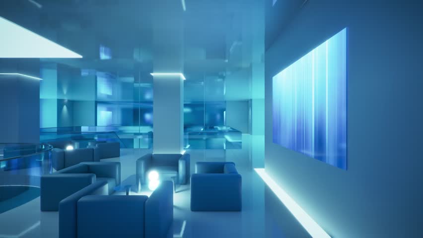 Futuristic lounge illuminated by neon lights and digital art rendered using 3Ds Max. Video background for relaxing music and desktop wallpaper 