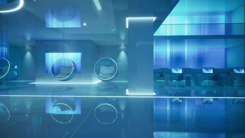 Futuristic lounge with glowing hanging chairs and neon light rendered using 3Ds Max. Video background for relaxing music and desktop wallpaper 