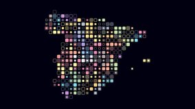 Spain map animation. The shape of the country with pulsating colored dots. Large-sized rounded square blocks. Digital-style Spain map on a dark background. Plain video. - Powered by Shutterstock - Get 15% off with code: PIKWIZARD15