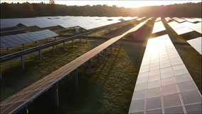 Expansive solar panel farm bathed in the warm glow of the setting sun, stretching across a grassy field. - Powered by Shutterstock - Get 15% off with code: PIKWIZARD15