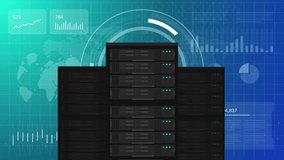 server and data center management multiple server racks in the center with real time data and charts in the background IT infrastructure hosting cloud computing - Powered by Shutterstock - Get 15% off with code: PIKWIZARD15