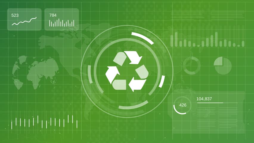 Large recycle symbol surrounded by data points and charts video for topics like green technology waste management circular economy and ecological initiatives - Powered by Shutterstock - Get 15% off with code: PIKWIZARD15