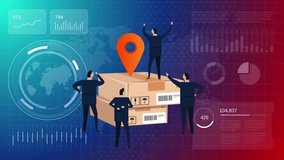 Animated supply chain and logistics dashboard featuring team standing around a stack of cardboard boxes location pin and global map worldwide delivery cargo tracking - Powered by Shutterstock - Get 15% off with code: PIKWIZARD15