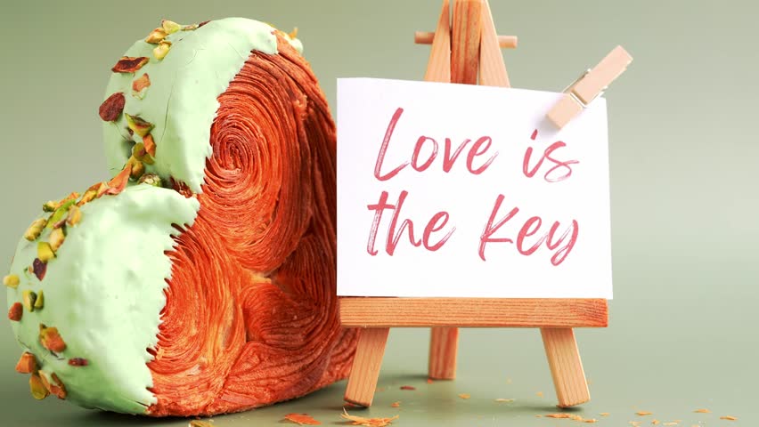 LOVE IS THE KEY text on paper note. Morning card Valentines day gift present Heart shaped pistachio croissant on green background with copy space. Puff pastry trendy sweet dessert bakery. Creamy dough