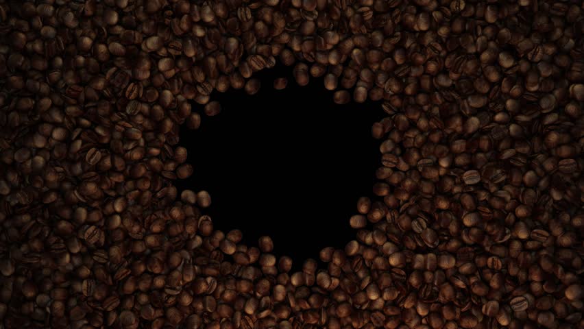 Super slow motion of coffee beans flying collision on back background. 3D animation for logo intro