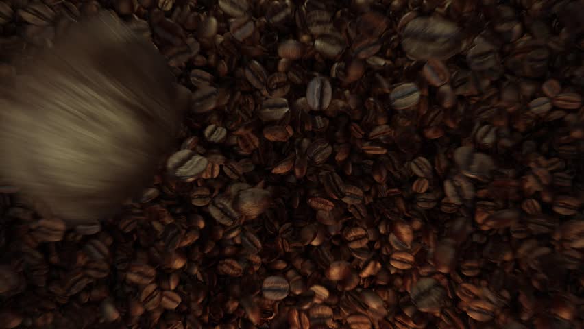 Super slow motion of coffee beans flying collision on back background. 3D animation for logo intro