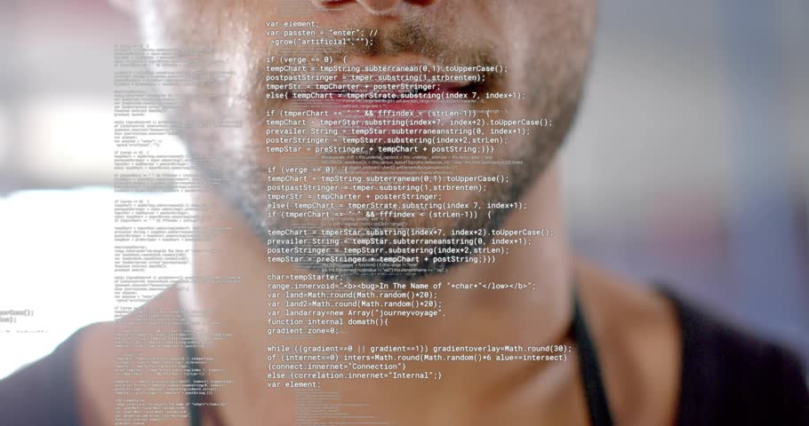 Male developer focusing on code stream, glitching JavaScript overlay across face for debugging HTML. Technology, innovation, digital, futuristic, concentration, cybersecurity, minimalism
