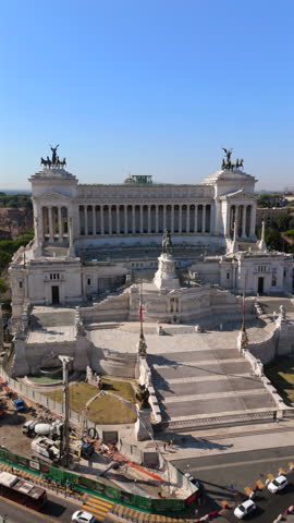 Enjoy breathtaking aerial views of a renowned and famous Roman monument at Piazza Venezia, which emphasizes its impressive grandeur and intricate architecture, Rome, Italy