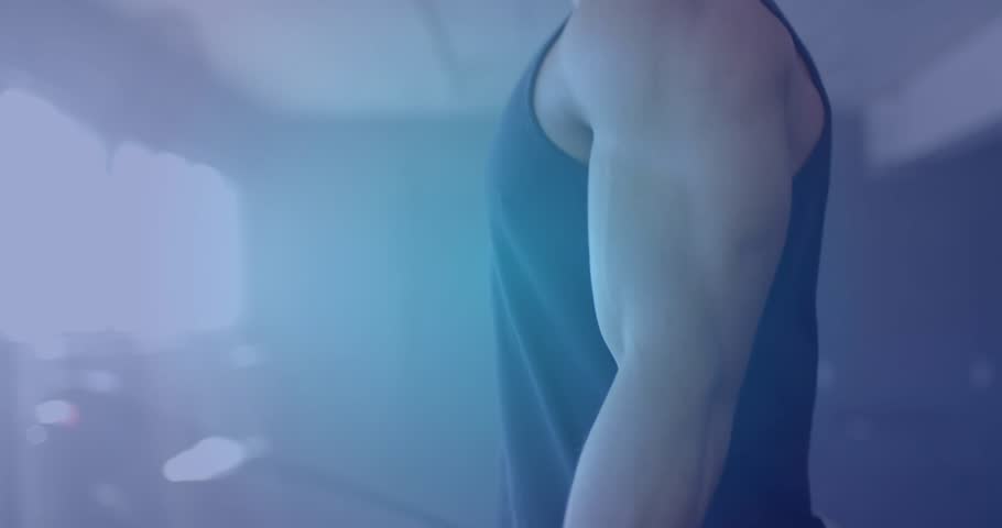 Man in gym seeing glitch lines activating cloud icons and swirling binary code showing fitness tech. Cyber, futuristic, digital, technology, innovation, motion, modern