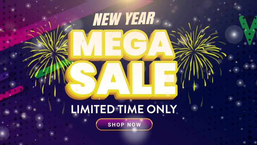 new year mega sale motion graphic banner with sparkle and fireworks background
