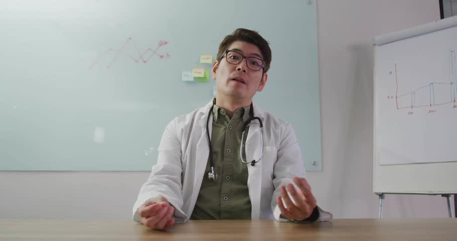 Doctor adjusting posture and speaking triggers graphs animating data around him for health briefing. Technology, innovation, data visualization, analytics, futuristic, professional, insights