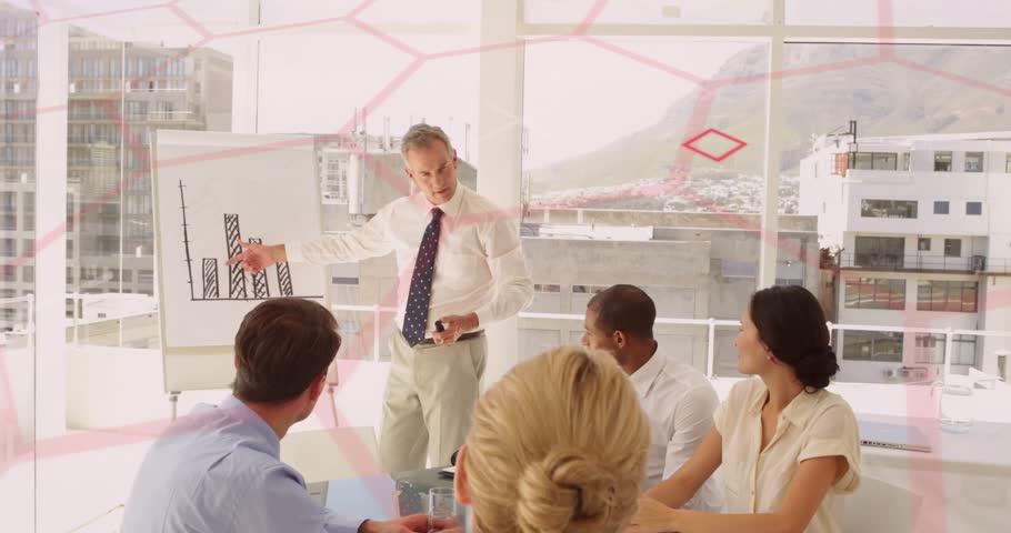 Presenter grabbing marker and pointing bar graph in city office room, explaining business data. Professional, corporate, modern, analytics, teamwork, innovation, growth