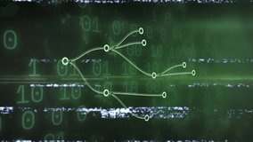 Leftmost node pulsing sending pulse racing along paths lighting nodes and syncing binary glitches. Futuristic, cyber, technological, digital, innovative, abstract, connectivity - Powered by Shutterstock - Get 15% off with code: PIKWIZARD15