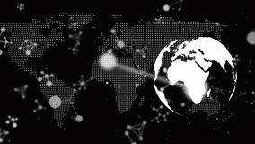 Opening dotted map initiating globe rotating with social badges appearing fading showing network. Technology, connectivity, digital, innovation, global, cyber, futuristic - Powered by Shutterstock - Get 15% off with code: PIKWIZARD15