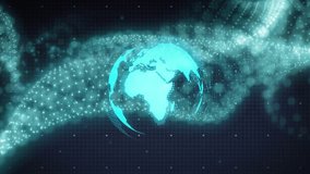 Dots forming holographic globe, data streams powering circuits, chart bars rising showing data. Futuristic, digital, neon, technology, innovation, animation, visualization - Powered by Shutterstock - Get 15% off with code: PIKWIZARD15