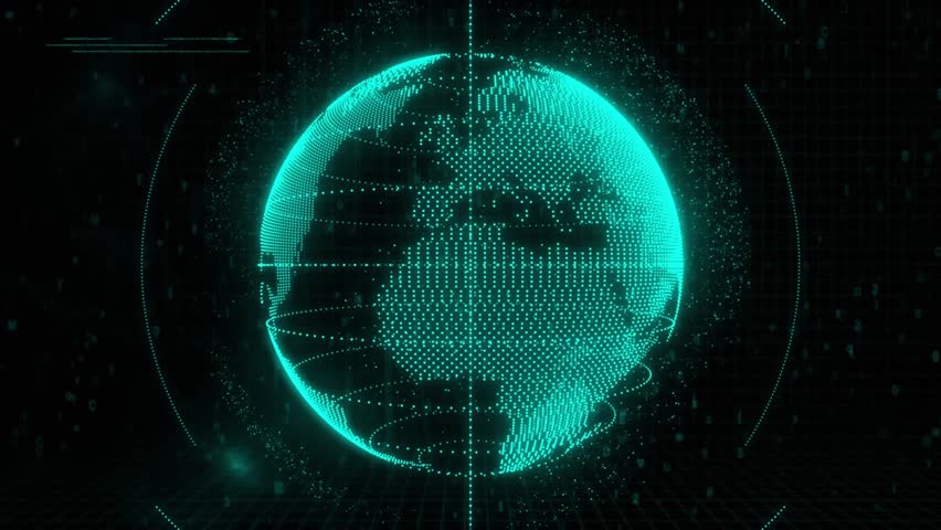 Globe emerging, rotating, orbs drifting, code streaming, camera zooming-out for data visualization. Futuristic, digital, holographic, data, technology, cyberspace, abstract