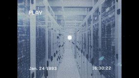 Retro PLAY icon flashing and initiating globe network growing over server aisle, timestamp updating. Technology, cybersecurity, digital connectivity, data visualization, network infrastructure, - Powered by Shutterstock - Get 15% off with code: PIKWIZARD15