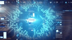 Pulsing network launching padlock rotating ring and sliding charts while securing data flow. Cybersecurity, data, technology, digital, network, analytics, innovation - Powered by Shutterstock - Get 15% off with code: PIKWIZARD15