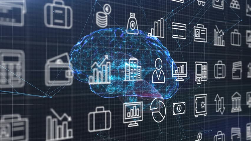 Emerging holographic brain pulsing and rotating while financial icons orbit, showing business data. Holographic, neural, animation, data, technology, futuristic, digital - Powered by Shutterstock - Get 15% off with code: PIKWIZARD15