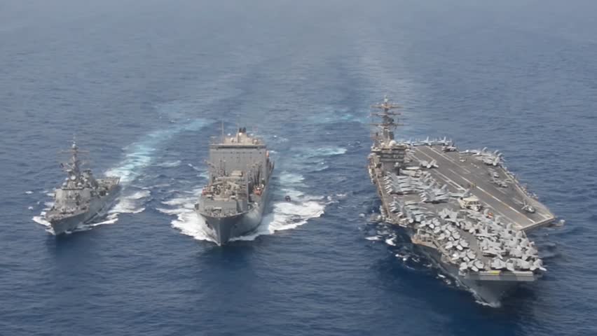 July 17, 2025 The Nimitz-class aircraft carrier USS Nimitz (CVN 68) conducts a replenishment-at-sea with the Lewis and Clark-class dry cargo ship USNS Cesar Chavez. 
Location:	U.S. 5TH FLEET AREA OF R