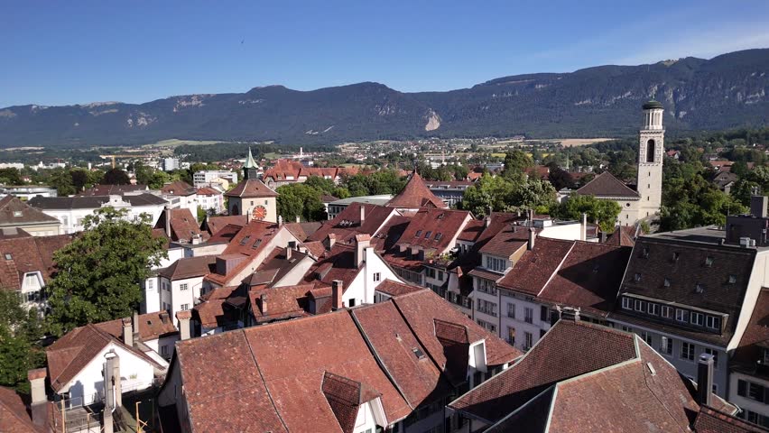 Solothurn Swiss small old medieval town aerial drone Switzerland old square