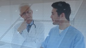 Junior clinician tapping tablet and realigning hologram panels as senior doctor viewing diagnostics. Diagnostics, telemedicine, innovation, collaboration, futuristic, healthcare, digital - Powered by Shutterstock - Get 15% off with code: PIKWIZARD15