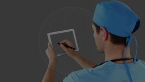 Medical professional raising stylus and tapping holographic globe nodes for health network mapping. Holography, technology, connectivity, innovation, digital, data visualization, interaction - Powered by Shutterstock - Get 15% off with code: PIKWIZARD15