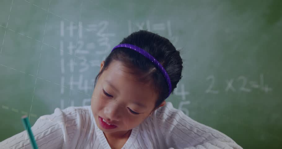 Student glancing paper and drawing shape with pencil and pulsing charts illustrating math progress. Education, learning, concentration, classroom, geometry, progress, creativity