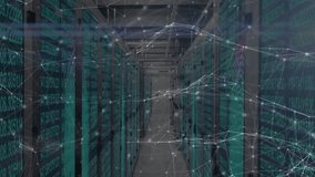 Camera moving down server corridor as racks blinking lights and streaming code showing network flow. Technology, data, cybersecurity, digital, network, infrastructure, innovation - Powered by Shutterstock - Get 15% off with code: PIKWIZARD15