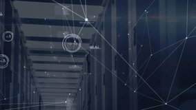 Network visualization fading in over rack aisle nodes emerging lines extending charts updating. Data, digital, technology, infrastructure, analytics, cybersecurity, connectivity - Powered by Shutterstock - Get 15% off with code: PIKWIZARD15