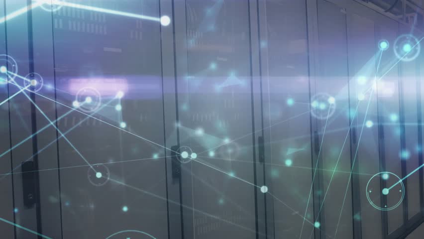 Dim light revealing racks initiating lines forming overlay visualizing data across server cabinets. Technology, cybersecurity, digital infrastructure, data flow, networking, futuristic, abstract - Powered by Shutterstock - Get 15% off with code: PIKWIZARD15