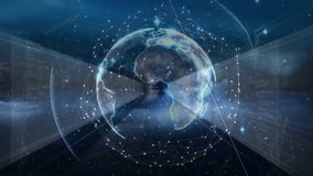 Opening with digitized globe rotating, data rings encircling panels sliding for showing data flow. Global, technology, innovation, cyberspace, networking, futurism, data visualization - Powered by Shutterstock - Get 15% off with code: PIKWIZARD15