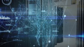 Server cabinets activating holographic mesh, pulsing nodes, expanding lines, visualizing data. Digital infrastructure, data visualization, network architecture, cybersecurity, technology, information - Powered by Shutterstock - Get 15% off with code: PIKWIZARD15